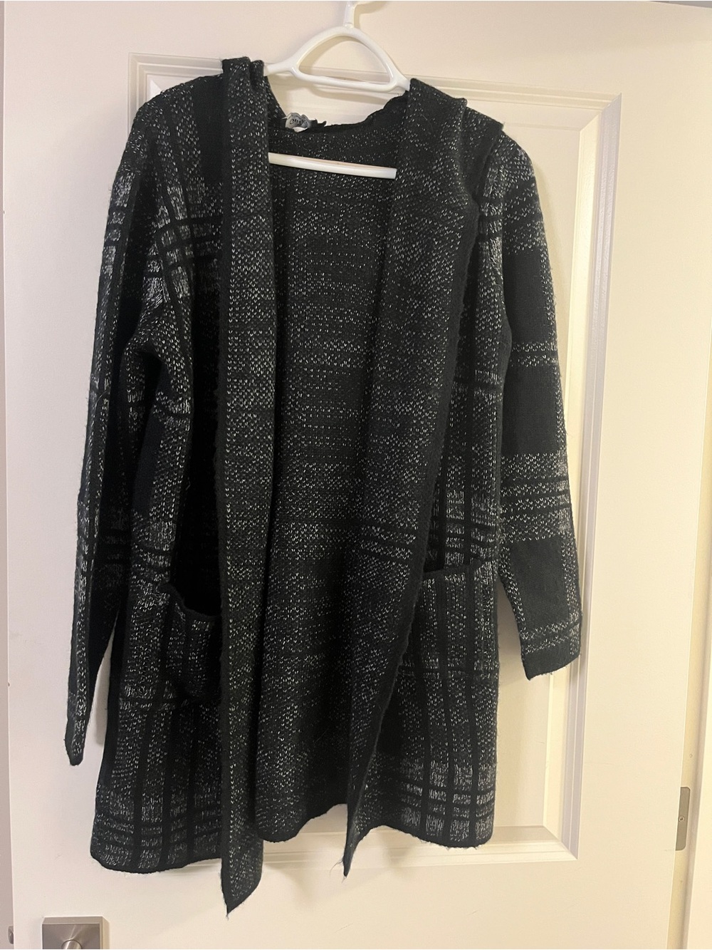 Black Hooded Plaid Open-Front Knit Cardigan